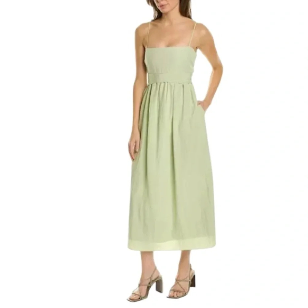 VINCE NWT Bow Pleated Sleeveless Midi Dress Sage Green Crinkle Tencel/Nylon S